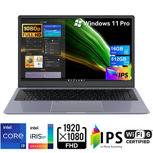 Ordinateur Portable Intel Core i9-8950HK (Jusqu'à 3,4 GHz), 16Go RAM 512Go SSD PC Portable avec 15,6 Pouces, Clavier Rétroéclairé 1920*1080 IPS 5000mAh Battterie BT5.0 USB 3.0×2 Laptop AZERTY-Gris