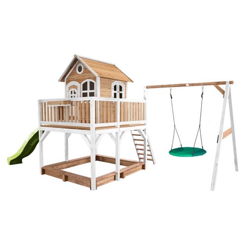 AXI Maisonnette Liam avec balancoire Nid rond Summer Brun Blanc avec Toboggan Vert Citron