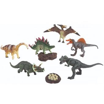 Coffret de 6 dinosaures + 2 accessoires - figurine animaux prehistorique : oeufs - rocher - tyrannosaurus rex - velociraptor - triceratops - stégosaure - stegosaurus - 1