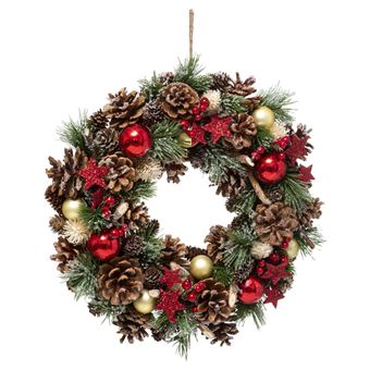 Féérie Lights & Christmas - Couronne de Noël houx et étoiles à suspendre - D. 35 cm - Rouge et vert - 1