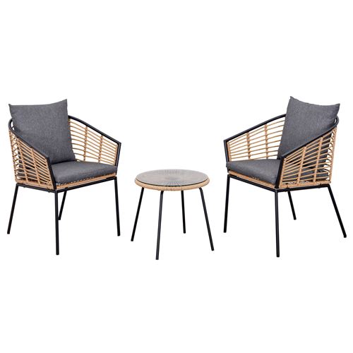 Outsunny Ensemble salon de jardin 3 pièces style exotique 2 fauteuils avec coussins gris + table basse résine tressée aspect bambou métal époxy noir
