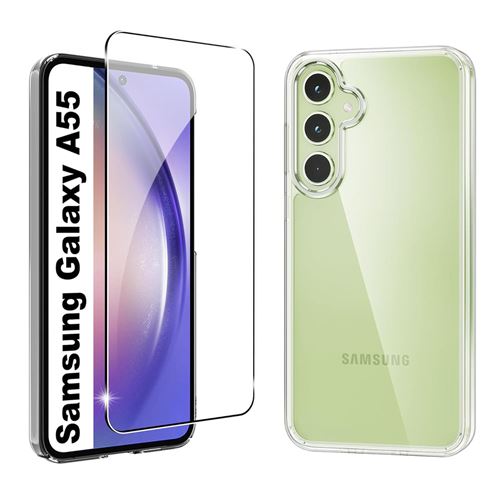 Pack coque transparente en TPU et protection écran complet vitre full cover noir en verre trempé pour Samsung Galaxy A55 5G - XEPTIO