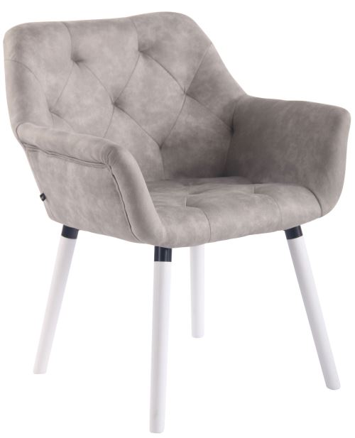 Chaise de Salle à manger Cassidy en Similicuir Vintage - Chaise de coiffeuse avec accoudoirs - Piètement Bois de hêtre Blanc - Couleur Gris