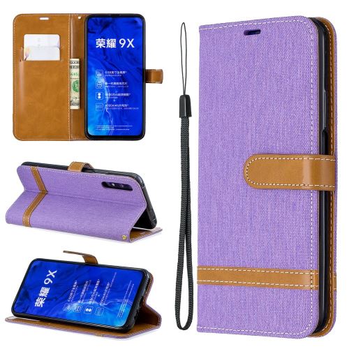 Etui en PU couleur épissage jeans tissu peau flip avec support violet pour votre Huawei Honor 9X/9X Pro