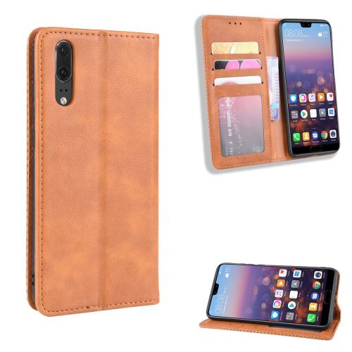 Etui en PU rétro avec support marron pour votre Huawei P20