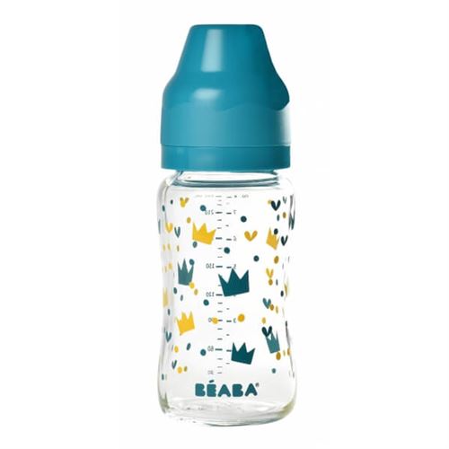 Biberon verre 240 ml couronnes jaune et bleu - beaba
