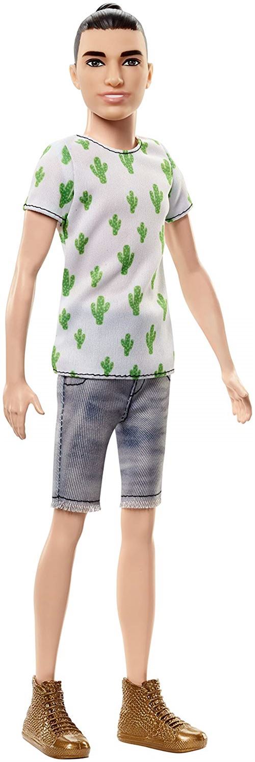 Barbie Fashionistas poupée Mannequin Ken #16 Brun avec t-Shirt à imprimé Cactus, Short Gris et Chaussures dorées, Jouet pour Enfant, FJF74