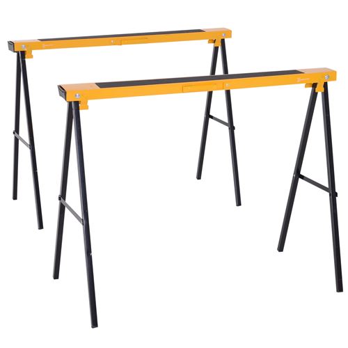 Lot de 2 tréteaux pliables compactes poignée transport dim. 100L x 50l x 76H cm surface antidérapante métal noir jaune
