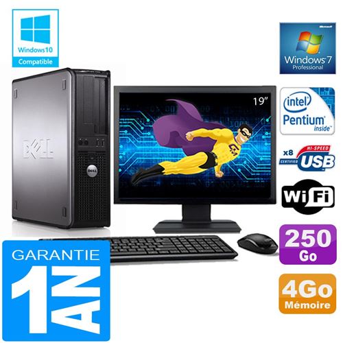 PC Dell 380 Dt Intel E5300 Ram 4Go Disque 250 Go WiFi W7 Ecran 19'