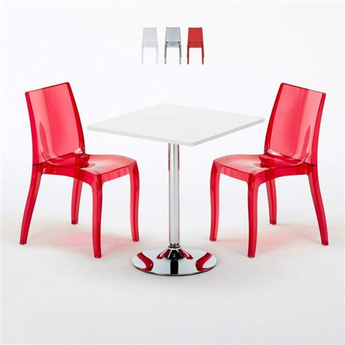 Table Carrée Blanche 70x70cm Avec 2 Chaises Colorées Et Transparentes Set Intérieur Bar Café Cristal Light Titanium, Couleur: Rouge transparent
