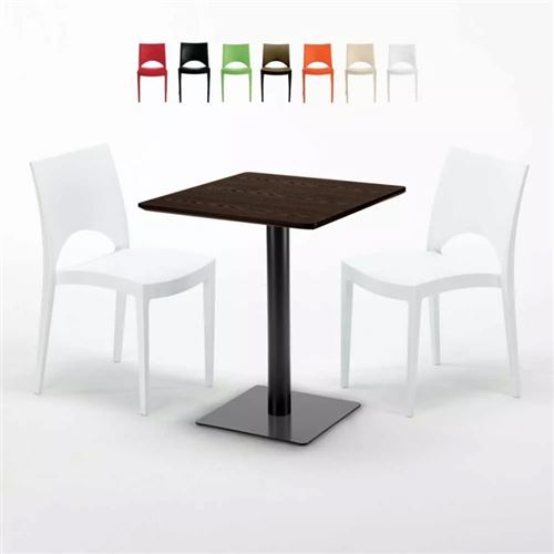 Table carrée 60x60 pied noir et plateau bois avec 2 chaises colorées Paris Kiss, Couleur: Blanc