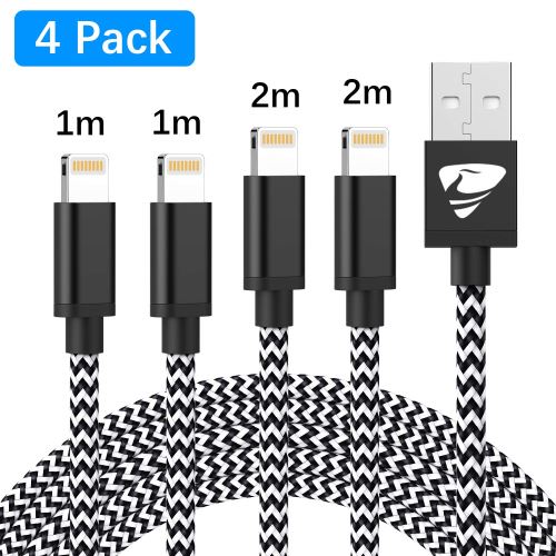 Lot de 4 câbles USB / Lightning en nylon tressé, 2 x 2m + 2 x 1m