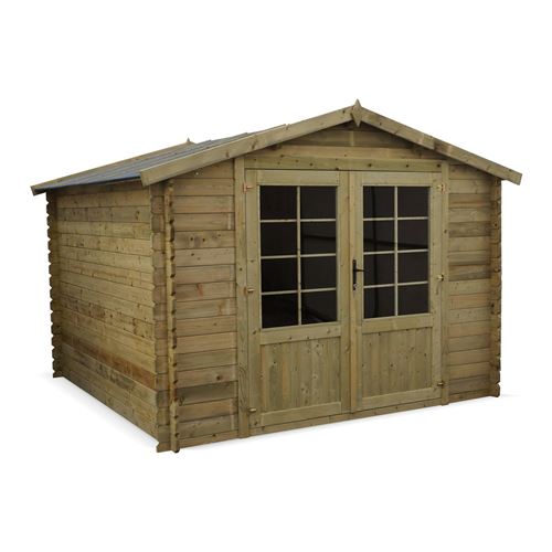 Abri de jardin 3 x 3 m traité autoclave classe 3 CHAMONIX en bois de 99 m² structure en madriers 28 mm sapin du nord