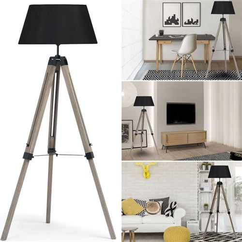 Lampadaire trepied bois foncé réglable noir