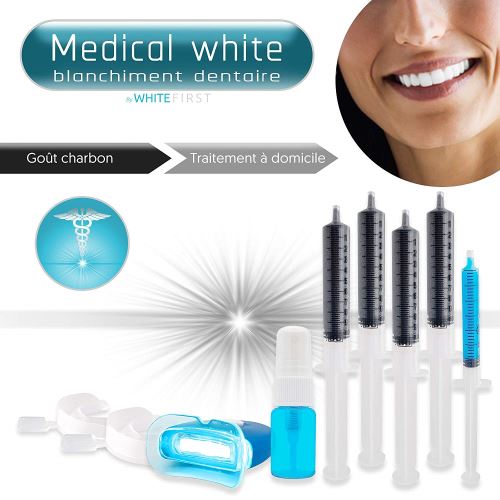 Kit blanchiment dentaire professionnel MEDICAL WHITE dent blanche - 4 recharges – Goût Menthe fraîche & Charbon actif