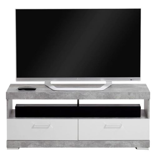 FMD Support TV/Hi-Fi Gris béton et blanc brillant