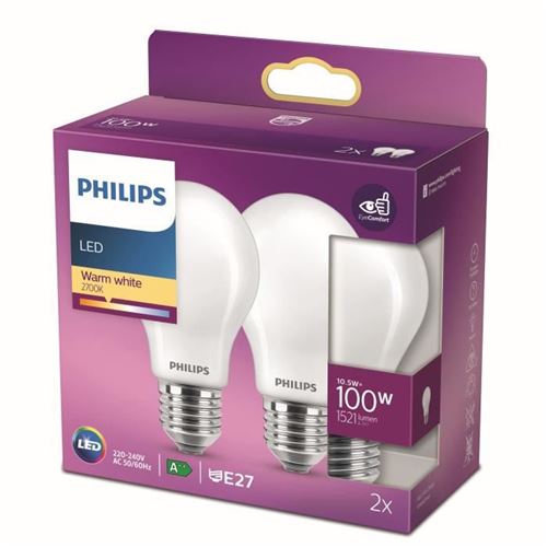 Philips Blanc Ampoule Led Equivalent100w E27 Chaud Non Dimmable, Verre, Lot De 2 - Image 2
