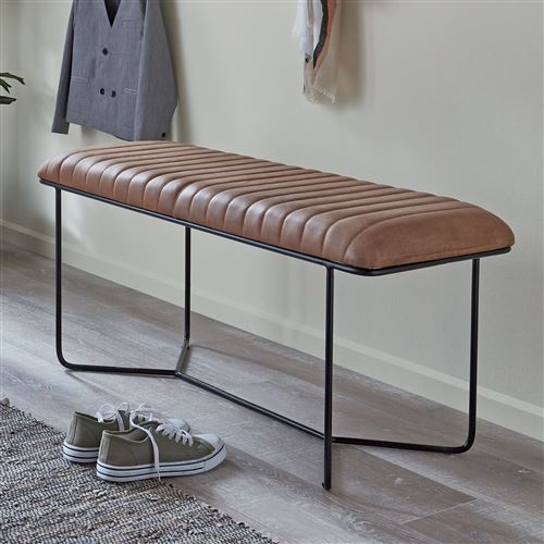 Banc 100x38x48 cm en cuir marron et métal noir