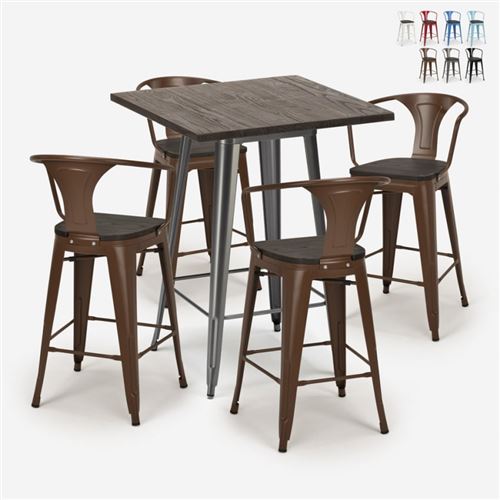 Ensemble Table Haute 60x60cm 4 Tabourets Tolix Bois Métal Industriel Bruck Wood, Couleur: Marron
