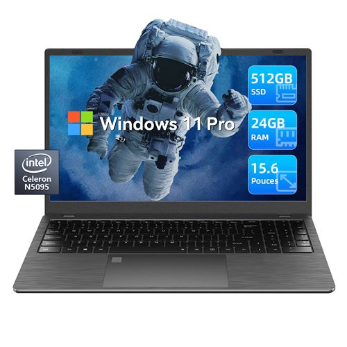 PC Portable Windows 11 Pro Intel Celeron N5095(jusqu'à 2,9 GHz) 24 Go RAM+512 Go SSD Ordinateur Portable avec 15,6 Pouces 1920 x 1080 FHD+, Rotation 170° Type-C Bluetooth 5.0-Noir