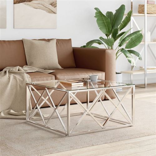 vidaXL - Table basse - Acier inoxydable - Verre - 80x80x40 cm - Image 3