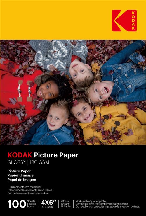 Kodak Picture Paper - Papier Photo Brillant, Pack De 100 Feuilles, Format A6 (10X15Cm), 180G/M², Ideal Pour Impressions Jet D'Encre, Couleurs Éclatantes Et Contraste Éleve, Finition Haute Qualite