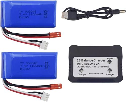 Kit de 2 Batteries LiPo 7.4V 1100mAh avec Chargeur Compatibilité Universelle WLtoys A949, A959, A979, K929 Haute Capacité, Bleu