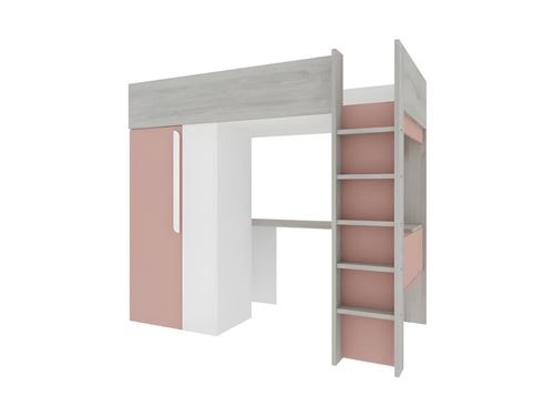 Lit mezzanine NICOLAS - 90 x 200 cm - avec armoire et bureau - Rose et blanc