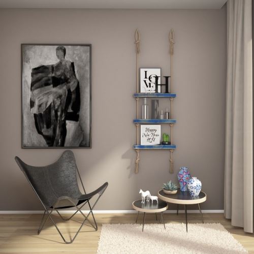 HOMEMANIA Étagère Halatli - Étagère, support - suspendu, décoratif, porte-objets - pour mur, salon, chambre, chambre d'enfants - Bleu, Ecru en Bois, Jute, 50 x 9 x 125 cm