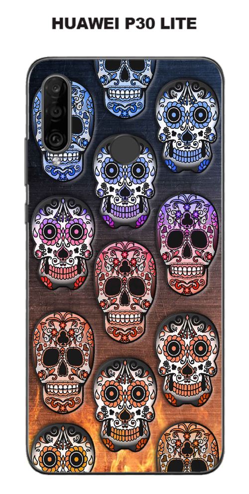 Coque Huawei P30 Lite design Multi Tetes de mort fond feu