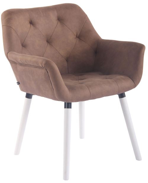 Chaise de Salle à manger Cassidy en Similicuir Vintage - Chaise de coiffeuse avec accoudoirs - Piètement Bois de hêtre Blanc - Couleur Taupe
