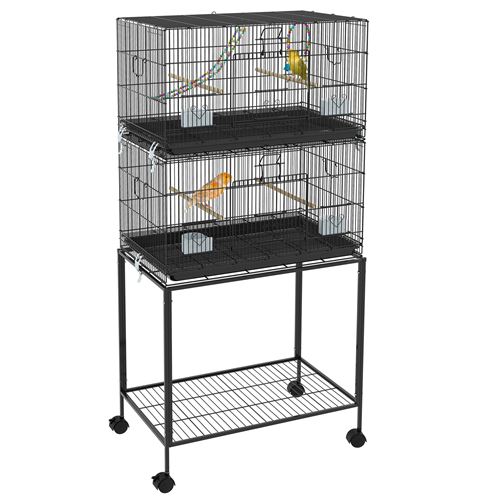 Comparer les prix de Double cage à oiseaux sur roulettes - étagère, plateau déjection, 4 perchoirs, 4 mangeoirs, poignée - dim. 77L x 46l x 164H cm acier noir