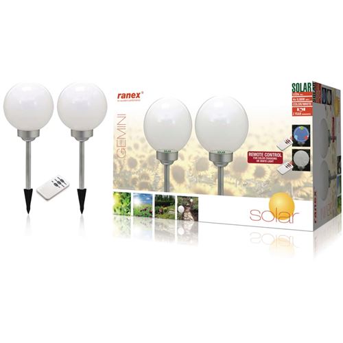 Eclairage sur piquet à led solaire lot de 2, plastique gris silver, couleur changeante avec telecommande     ranex 5000.391