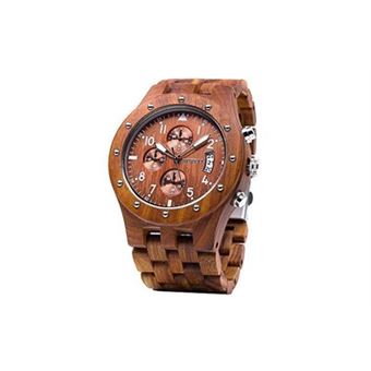Bewell montre bois homme chronographe quartz avec bracelet en acier bois date calendrier décontracté rond (rouge) - 1
