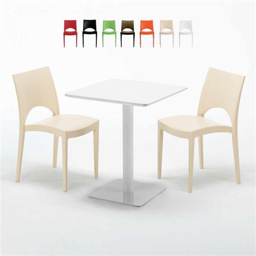 Table carrée 60x60 blanche avec 2 chaises colorées Paris Lemon, Couleur: Beige