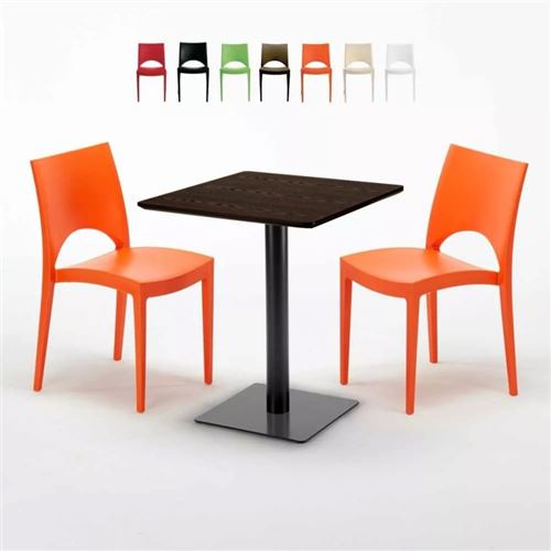 Table carrée 60x60 pied noir et plateau bois avec 2 chaises colorées Paris Kiss, Couleur: Orange