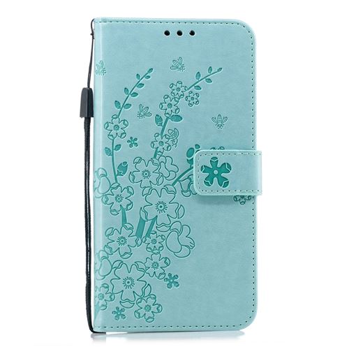 Etui en PU fleur de prunier cyan pour votre Samsung Galaxy J4 Plus