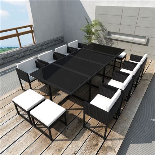 vidaXL Mobilier de jardin 13 pcs avec coussins Résine tressée Noir