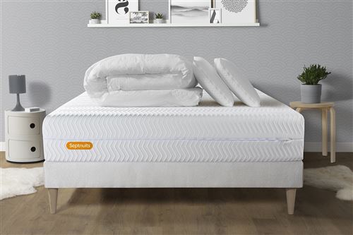 PACK Matelas + sommier kit blanc 140x200 Memo Bio Mousse à mémoire de forme Maxi épaisseur + Couette + 2 oreillers