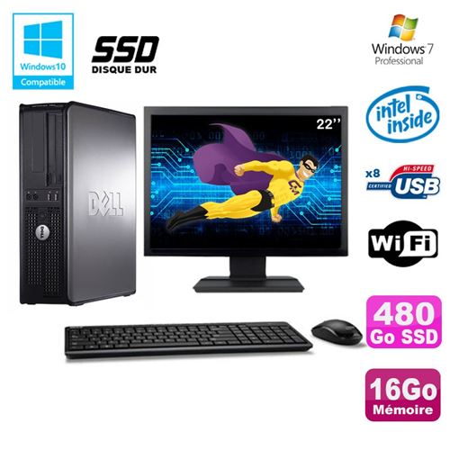 PC Dell Optiplex 780 Dt Intel E7500 2.93Ghz 16Go 480Go SSD WiFi W7 Ecran 22'