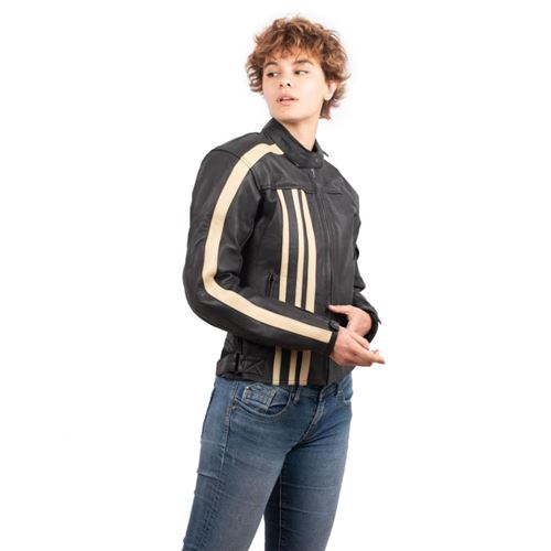 Blouson Moto Femme Vintage Rider Tec Cuir Noir Beige Manteaux de sport Achat prix fnac