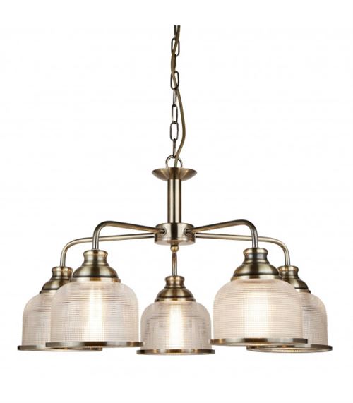 Suspension Bistrot II, laiton antique et verre, 5 ampoules