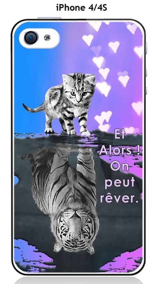 Coque TPU gel souple Apple iphone 4 / 4S design Chat Tigre Blanc fond bleu rose Et Alors !