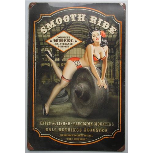 plaque tole épaisse pin up brune et roue deco garage usa