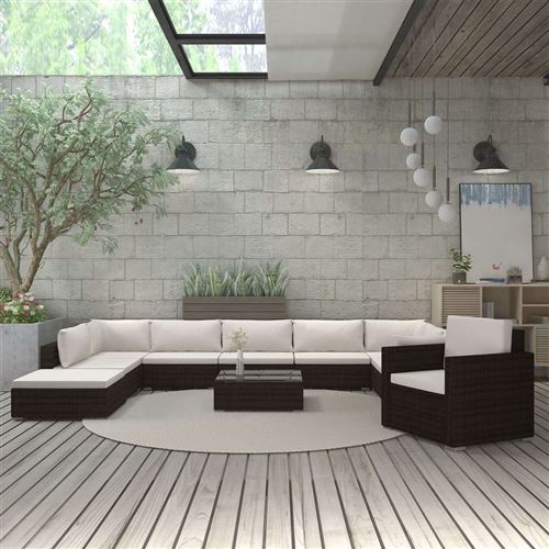 vidaXL Mobilier de jardin 11 pcs avec coussins Résine tressée Marron