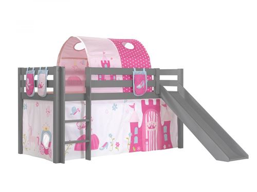 Lit toboggan 90x200 cm avec tente tunnel et 3 pochettes princesse pin massif gris Pino
