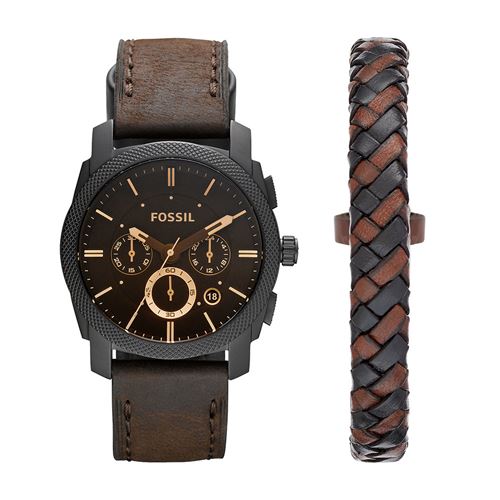 Fossil Coffret Montre Machine Chronographe En Cuir Marron et Bracelet