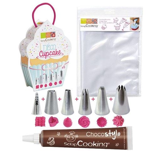 6 douilles et 6 poches à douilles jetables pour Cupcakes + 1 Stylo chocolat - ScrapCooking
