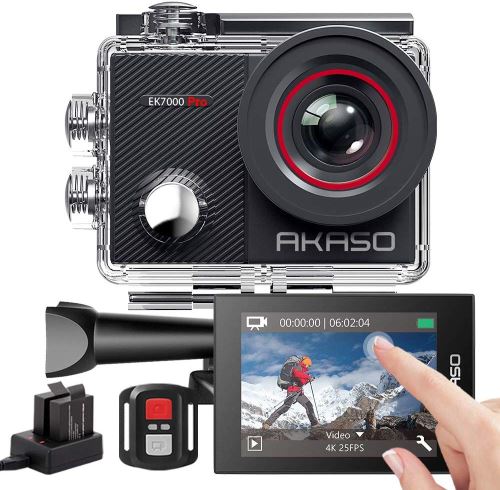 AKASO Caméra Sport EK7000 Pro 4K WiFi avec Ecran LCD Tactile Ultra HD Stabilisateur Télécommande 2.4G - Etanche - Kits d'Accessoires 2 Batteries