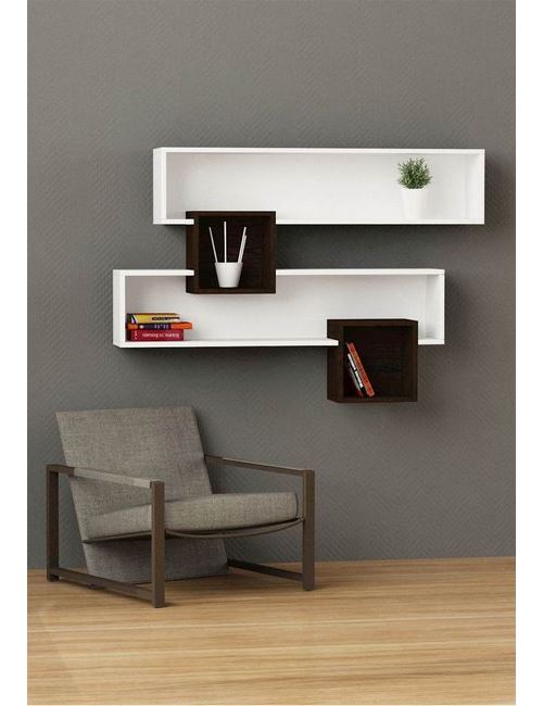 HOMEMANIA Étagère Salad - Murale Flottante, pour Livres - pour Séjour, Bureau, Chambre - Blanc, Wengé en Bois, 135 x 22 x 92 cm
